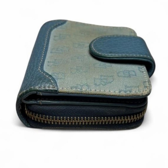 Dooney & Bourke Vintage 2000s Blue DB Monogram Canvas Leather Trifold Zip Wallet - Picture 5 of 8